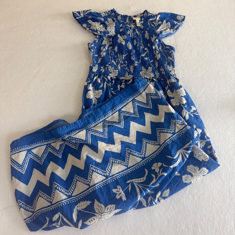 St. John's Bay Maxi Dress Women Medium‎ Blue Floral Smocked Ruffle Sleeve Boho
